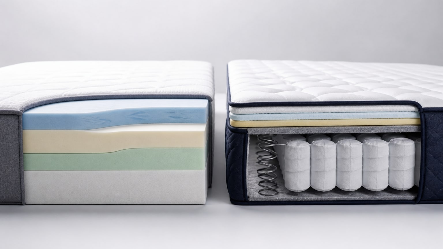 Cutaway mattress showing memory foam comfort layers and foam support core on white background