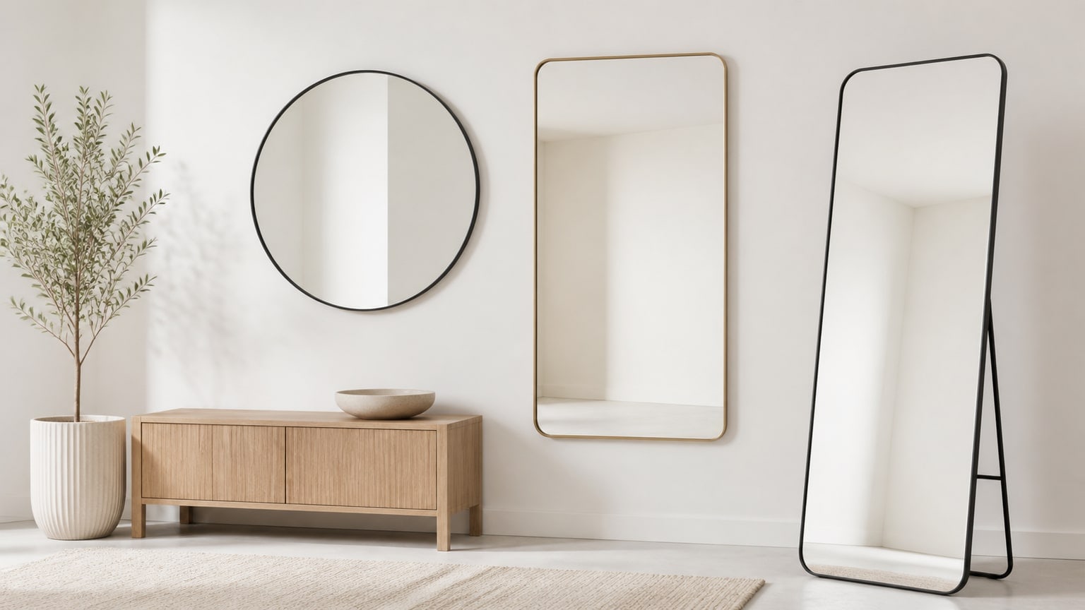 Two elegant decorative mirrors—a full-length floor mirror and a wall mirror with wooden frames—displayed on a clean white background in studio lighting.