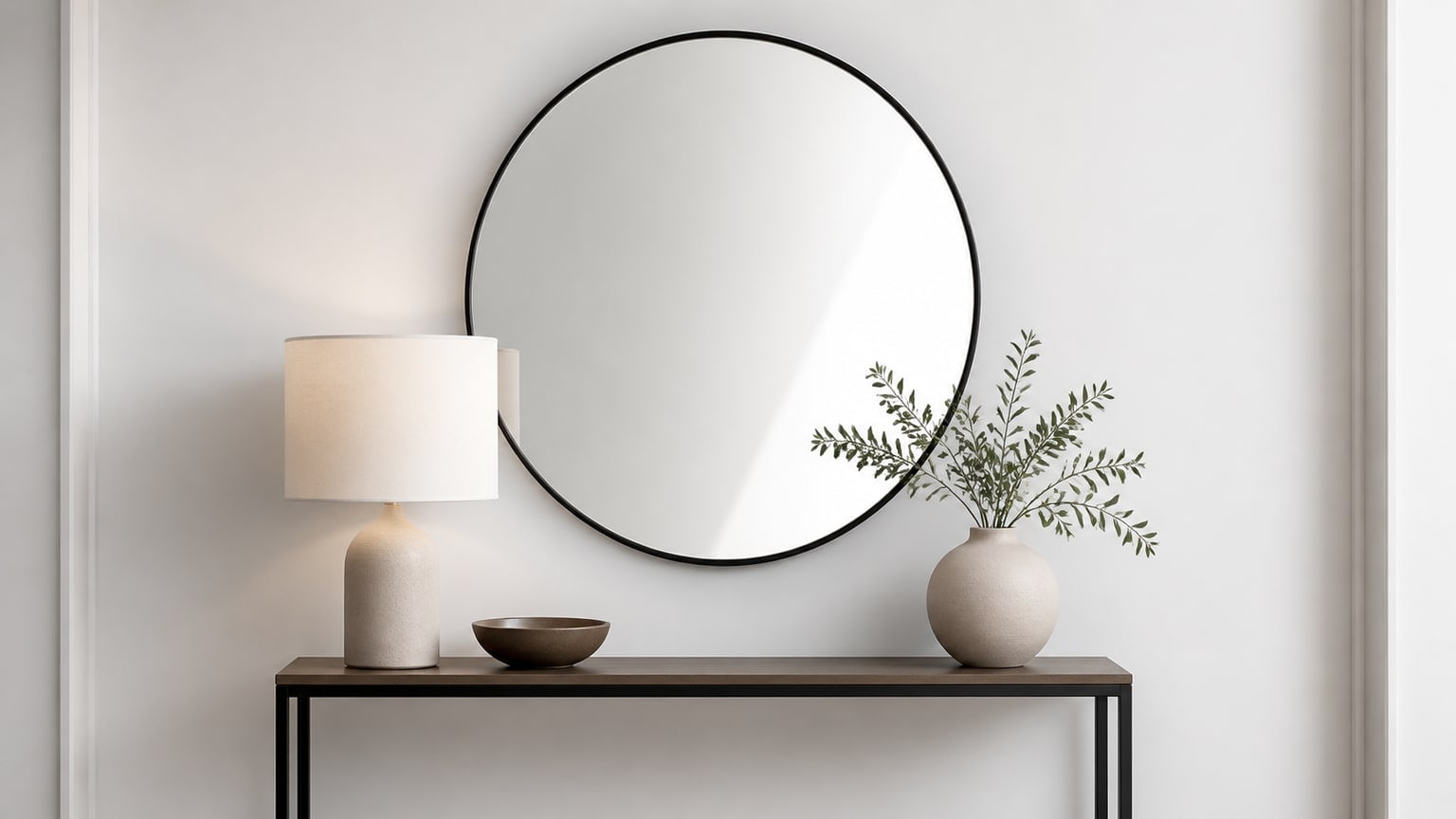 Decorative rectangular mirror above a console table in a bright home setting with balanced proportions