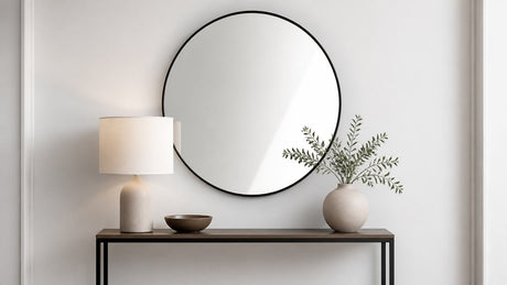 Decorative rectangular mirror above a console table in a bright home setting with balanced proportions
