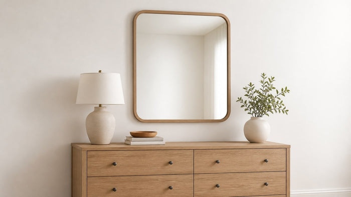 Wooden dresser with a large decorative wall mirror hung above it, showcasing a realistic reflection in a well-lit studio setting.