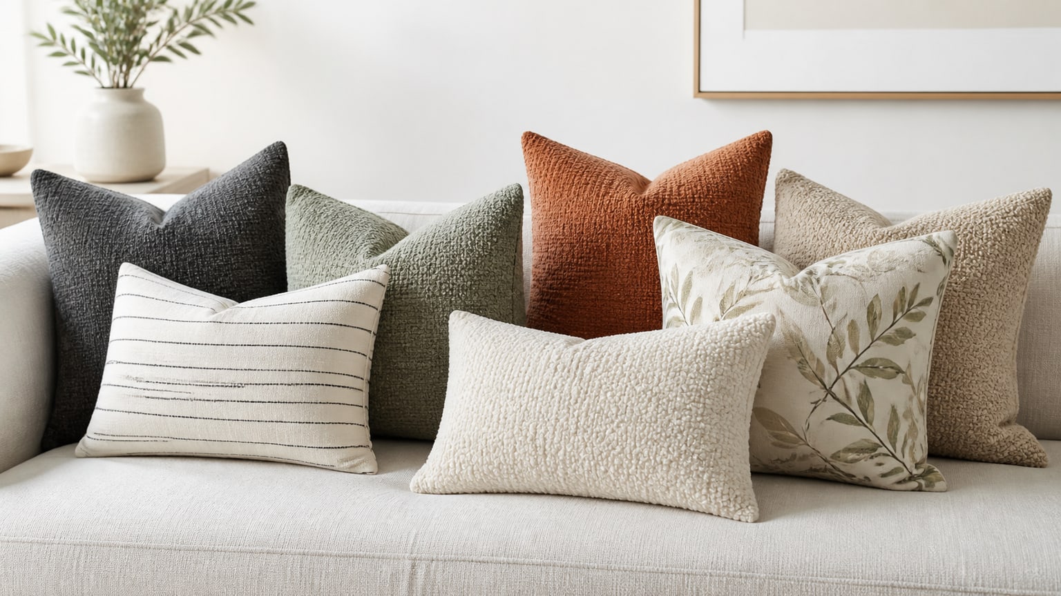Assorted decorative throw pillows in various colors, patterns, and textures arranged on a modern sofa against a white background