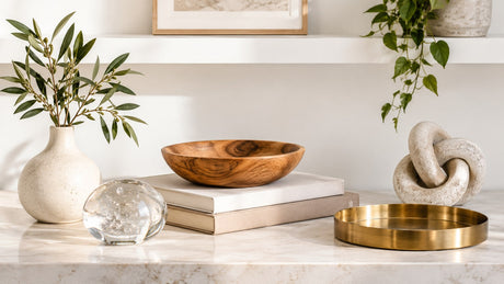 Stylish arrangement of mixed-material vases and decorative accessories on white surface in bright room