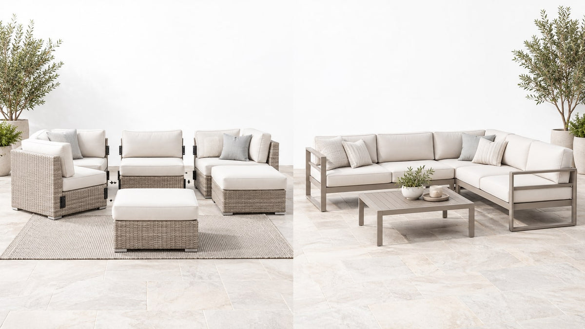 Modern outdoor modular L-shaped sectional with ottoman on bright white patio background