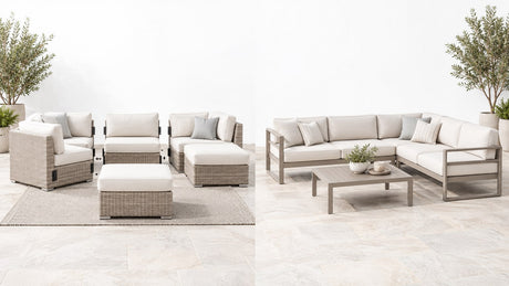 Modern outdoor modular L-shaped sectional with ottoman on bright white patio background