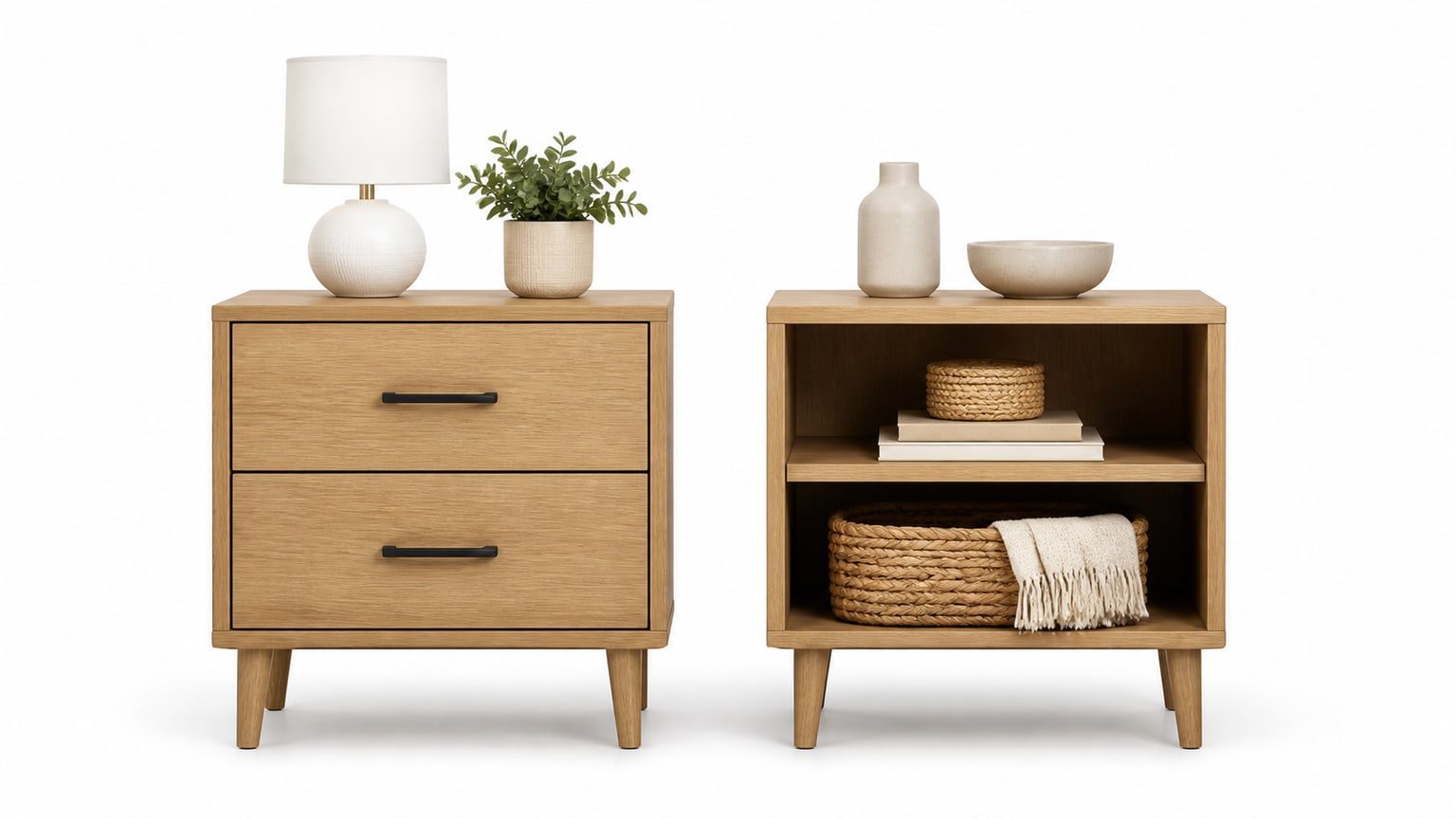 Two contrasting nightstands side-by-side: one with drawers and one with an open shelf on a white background