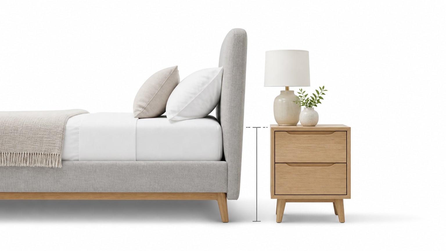 Modern wooden nightstand with drawers and open shelf on white background