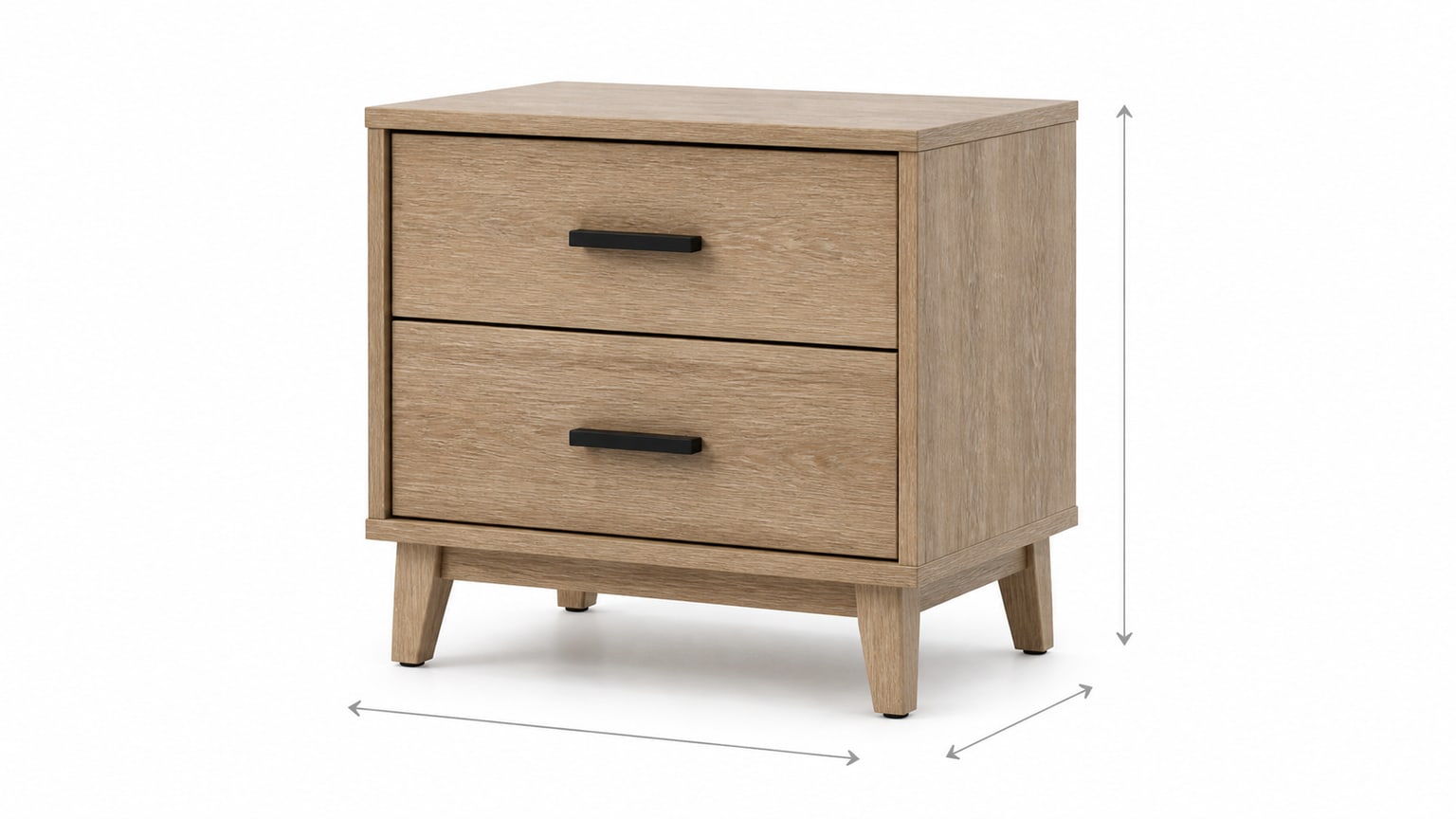 Modern nightstand with drawers and surface space on white background