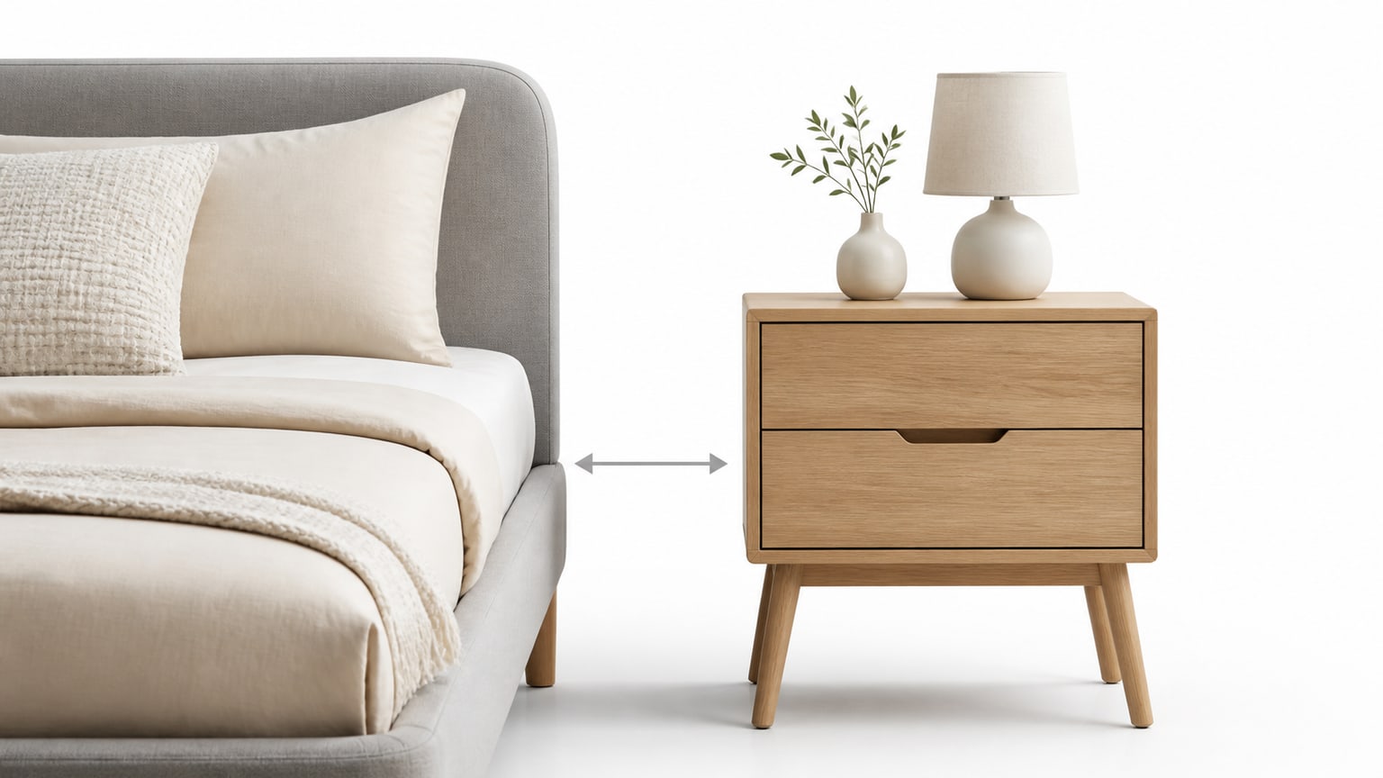 Modern wooden nightstand with drawers and open shelf on white background
