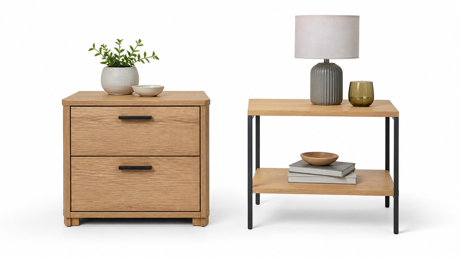 Modern wooden nightstand with two drawers on white background
