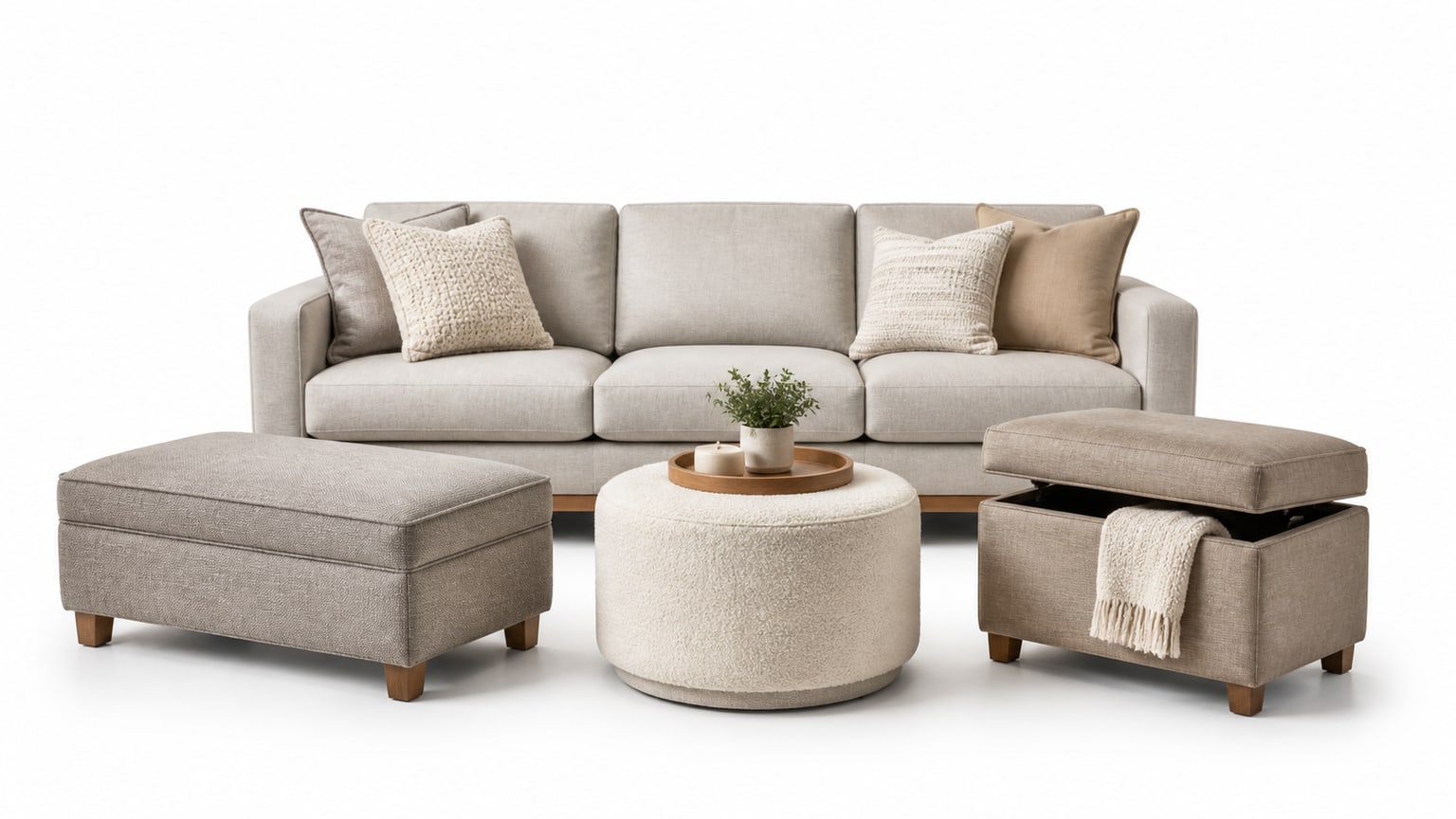 Rectangular upholstered ottoman and round pouf on white background, styled for living room décor