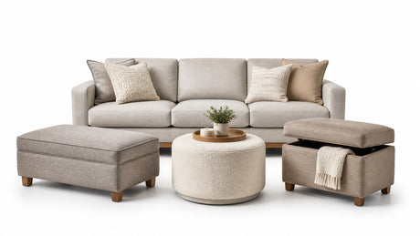 Rectangular upholstered ottoman and round pouf on white background, styled for living room décor