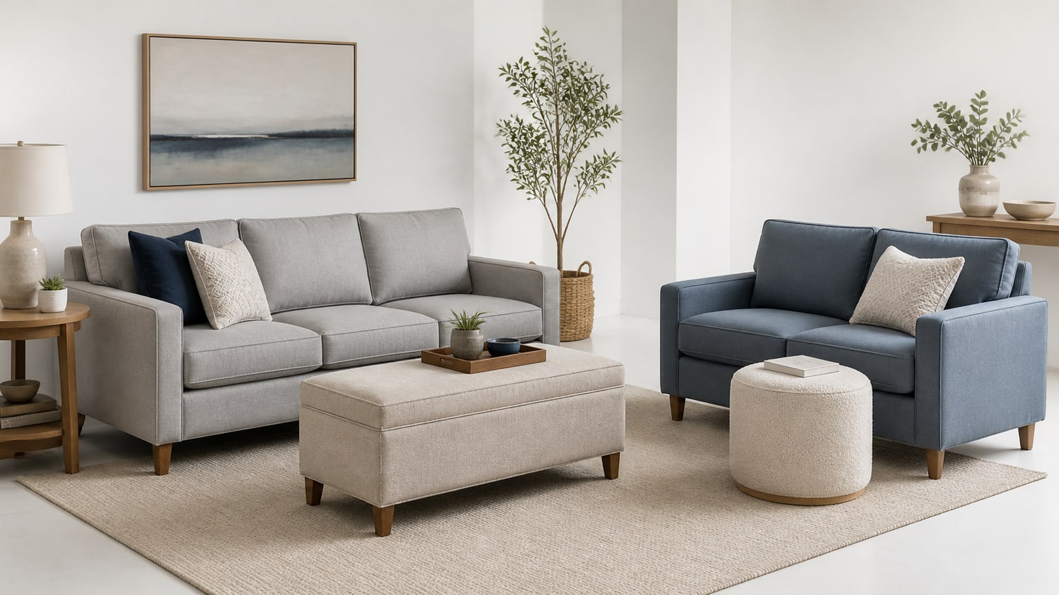 Mid-sized upholstered ottoman on white background suitable for sofa or loveseat use