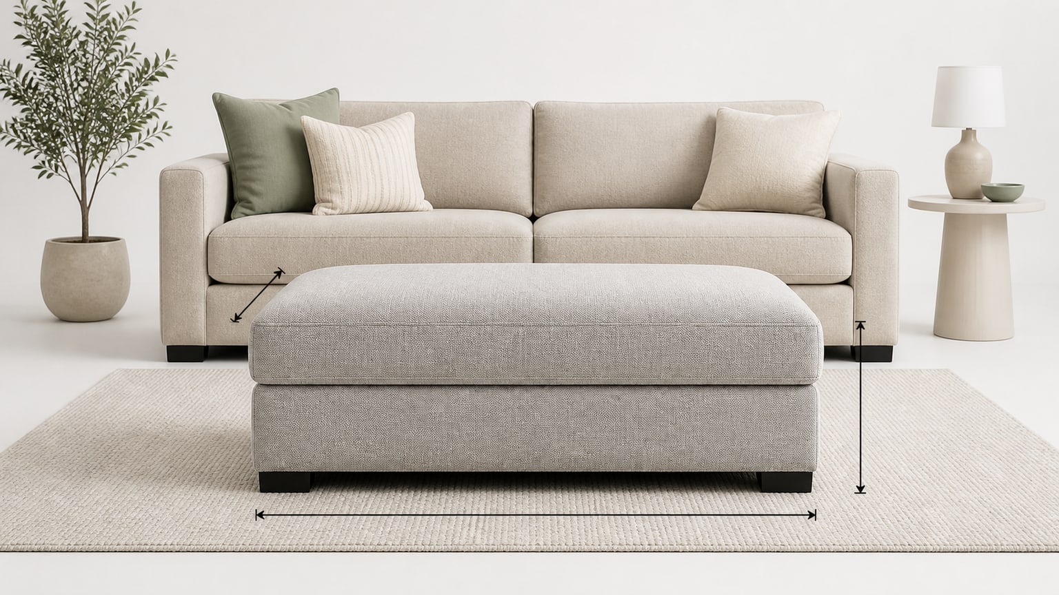 Modern upholstered ottoman and small pouf styled on a white background