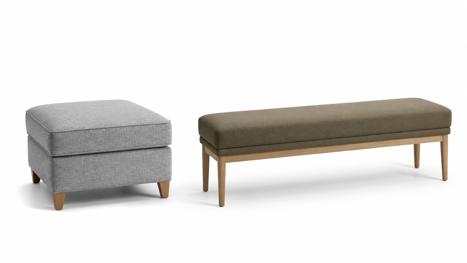 Upholstered ottoman and wooden bench placed side by side in a studio setup