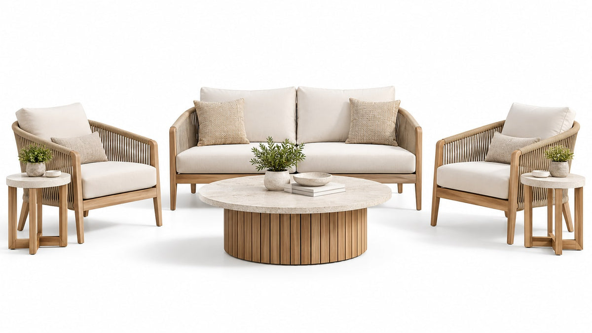Outdoor coffee table and outdoor end table on a bright white patio background
