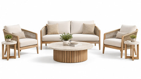Outdoor coffee table and outdoor end table on a bright white patio background