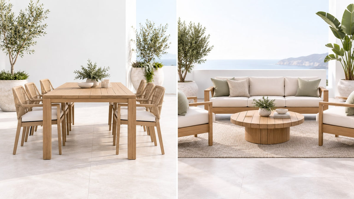 Outdoor patio with a dining table and a coffee table on a bright white background, modern design