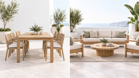 Outdoor patio with a dining table and a coffee table on a bright white background, modern design