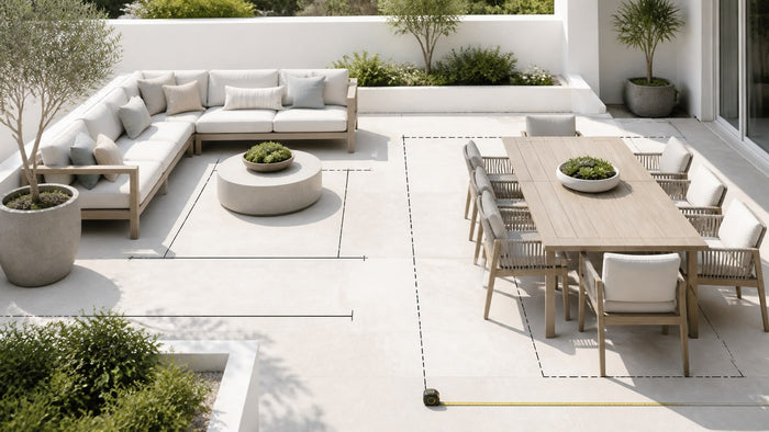 Stylish outdoor patio furniture set with sectional and dining table on bright white patio