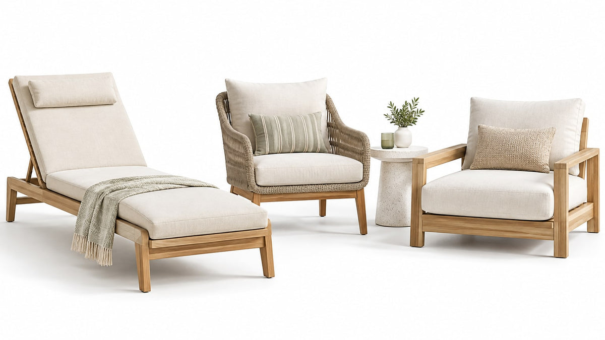 Modern outdoor lounge chair and patio chair set with cushions and side tables on bright white patio background