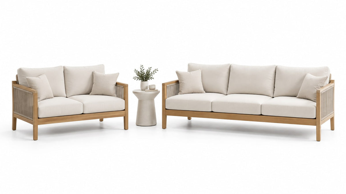 Outdoor loveseat and sofa set with cushions on a bright white patio
