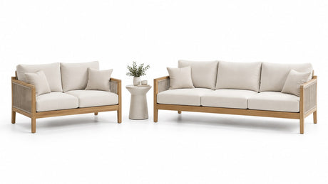 Outdoor loveseat and sofa set with cushions on a bright white patio