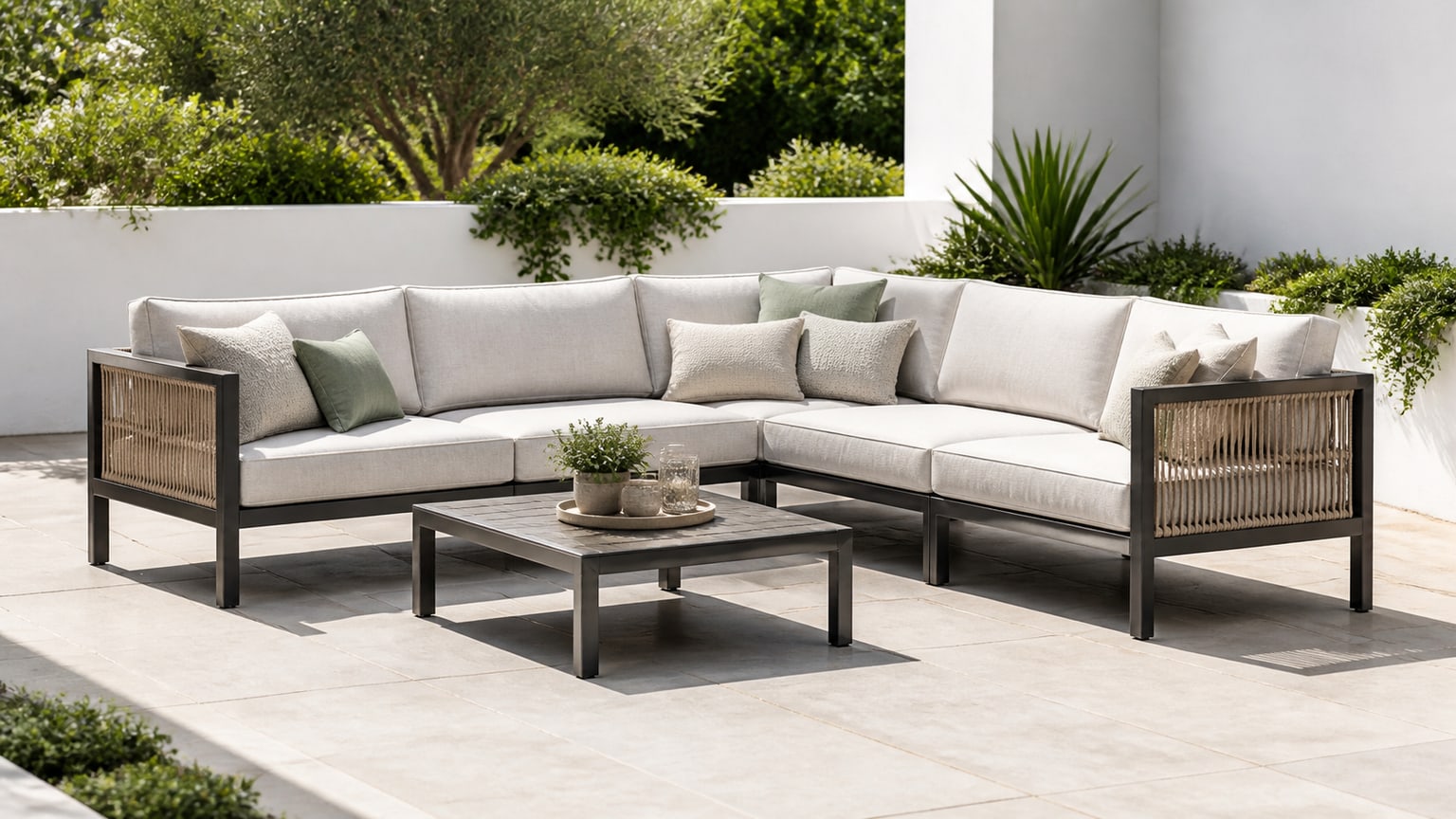 Modern L-shaped outdoor sectional with cushions and coffee table on a bright white patio