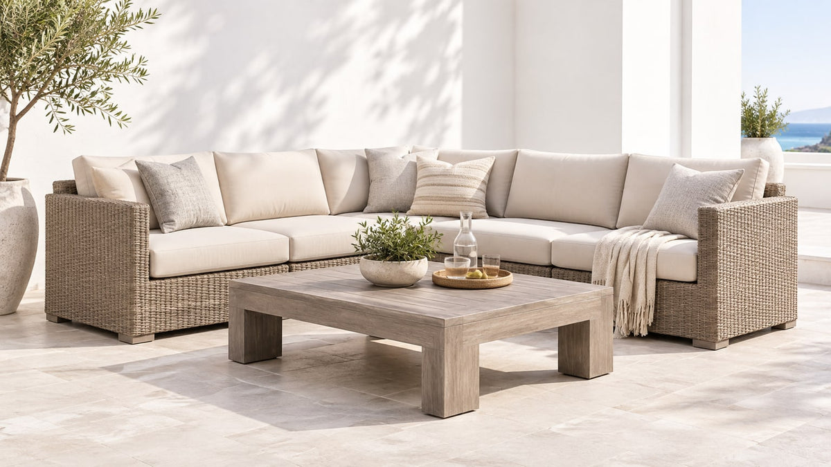 Professional outdoor sectional furniture with coffee table on bright white patio background