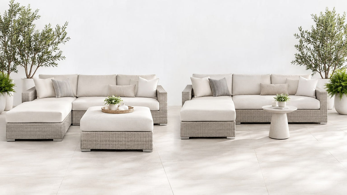 Modern outdoor sectional with ottoman on a bright white patio