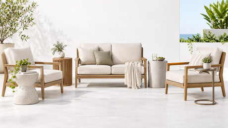 Modern outdoor side table on bright white patio background