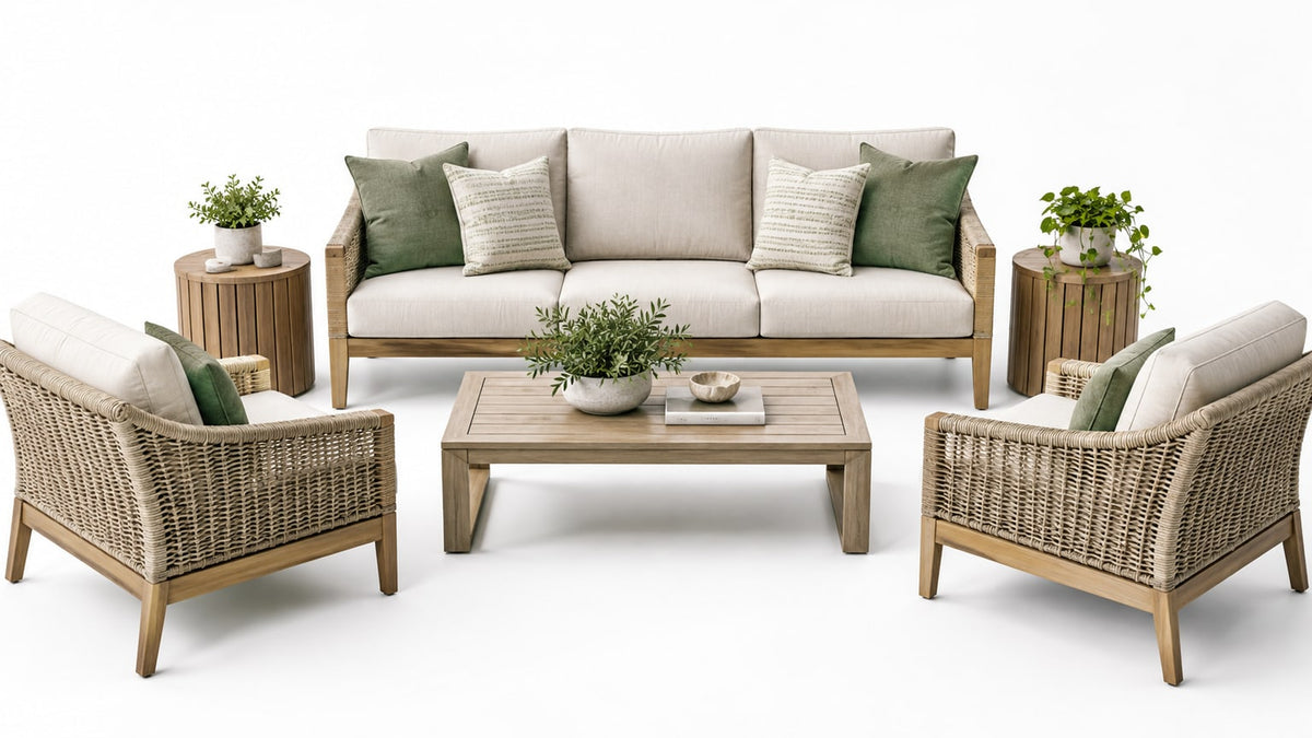 Modern outdoor sofa and chairs conversation area on a bright white patio with coffee and side tables