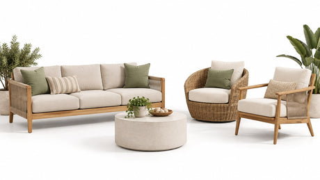 Outdoor patio seating featuring an outdoor sofa paired with outdoor lounge chairs on a bright white patio background, showcasing cushions and clean, modern design.
