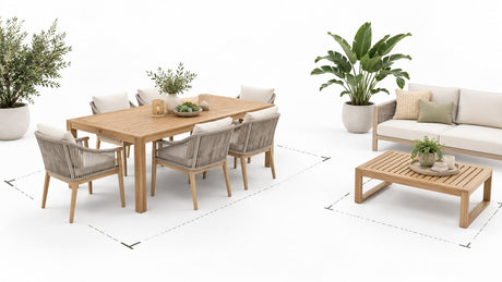 Modern outdoor dining table with chairs on a bright white patio background