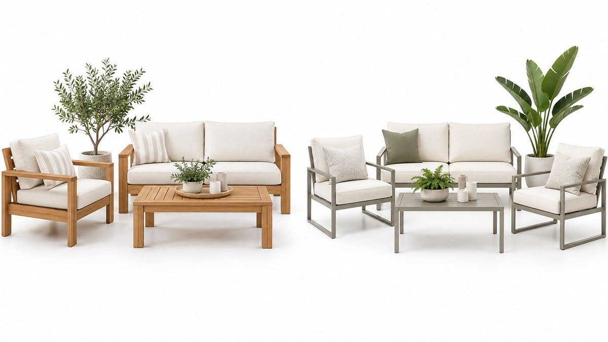Stylish outdoor patio seating featuring wood and metal chairs and sofas with cushions on a bright white patio.