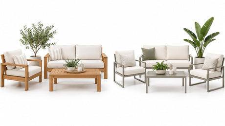 Stylish outdoor patio seating featuring wood and metal chairs and sofas with cushions on a bright white patio.