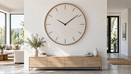 Modern oversized wall clock with simple face and minimal numerals hanging above a console table in a bright living room with neutral home decor.