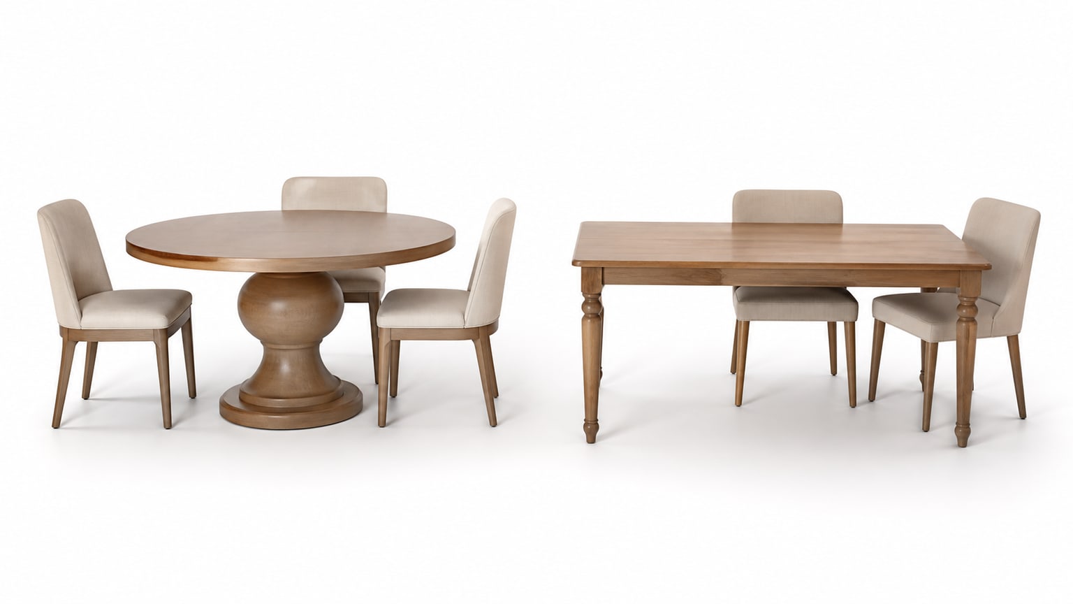 Side-by-side comparison of pedestal and four-leg dining tables on white background highlighting base style differences