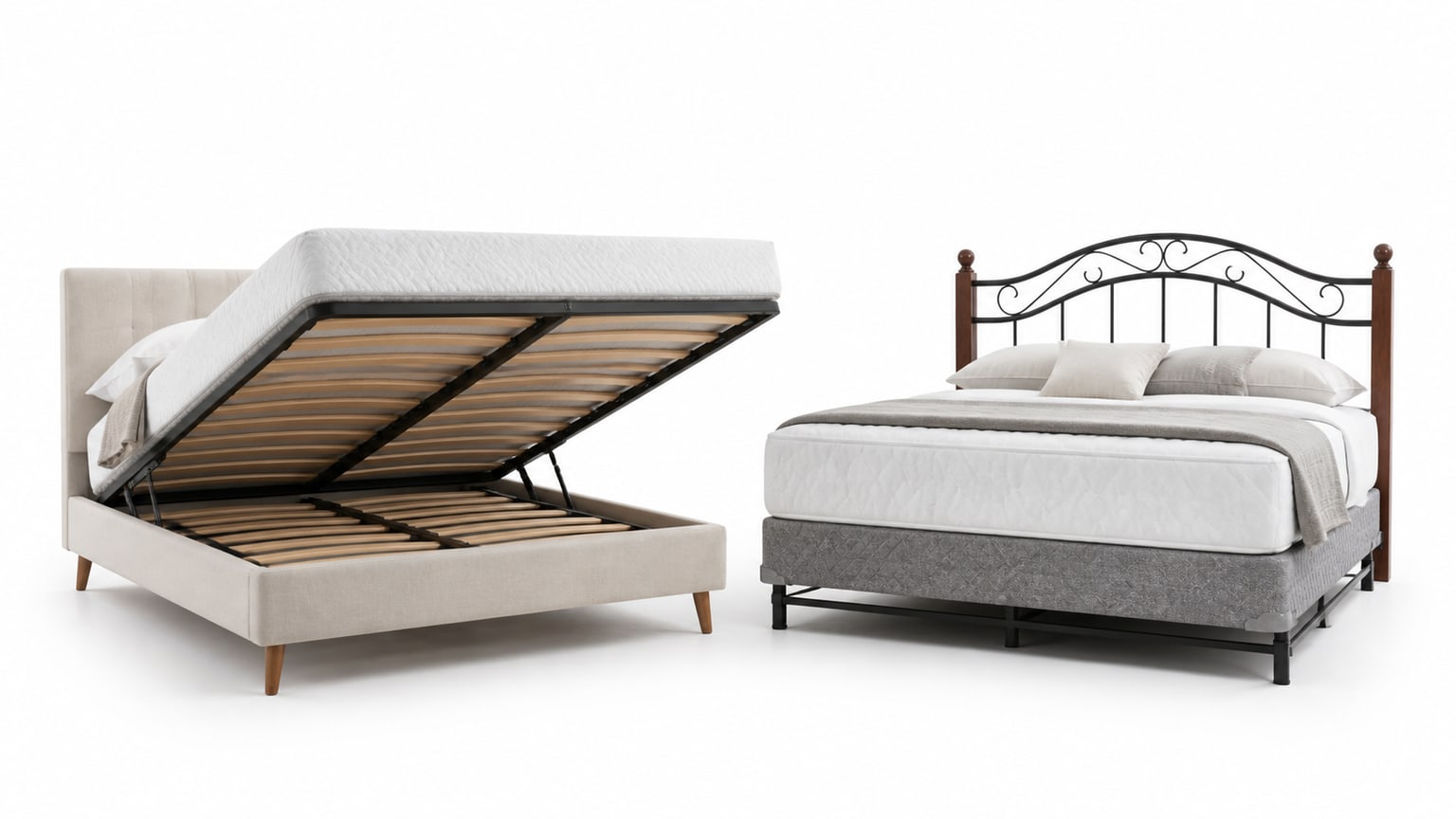Modern platform bed with storage drawers on white studio background