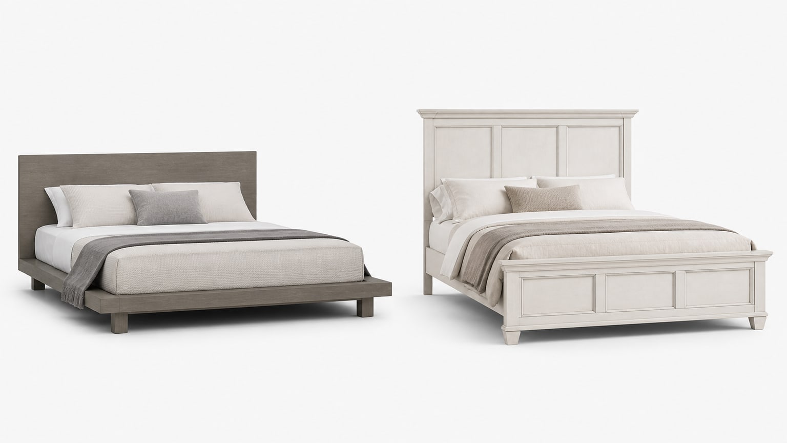 Side-by-side view of a platform bed and a panel bed frame on white background