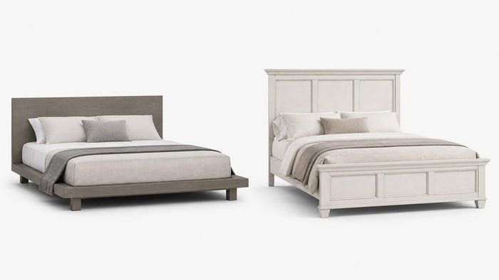 Side-by-side view of a platform bed and a panel bed frame on white background