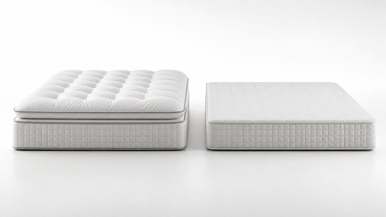 Side by side comparison of plush mattress with soft surface and firm mattress with resilient surface on white background