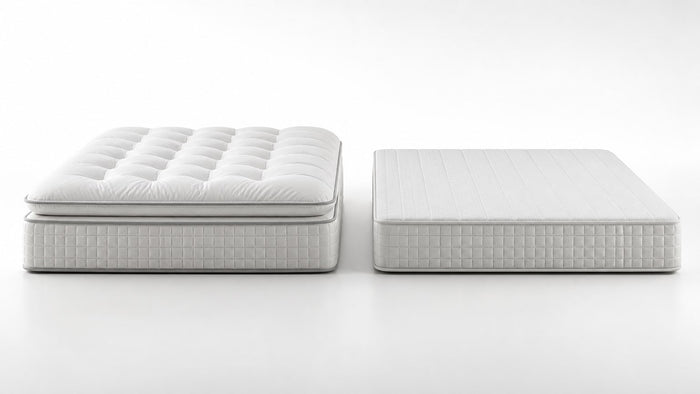 Side by side comparison of plush mattress with soft surface and firm mattress with resilient surface on white background