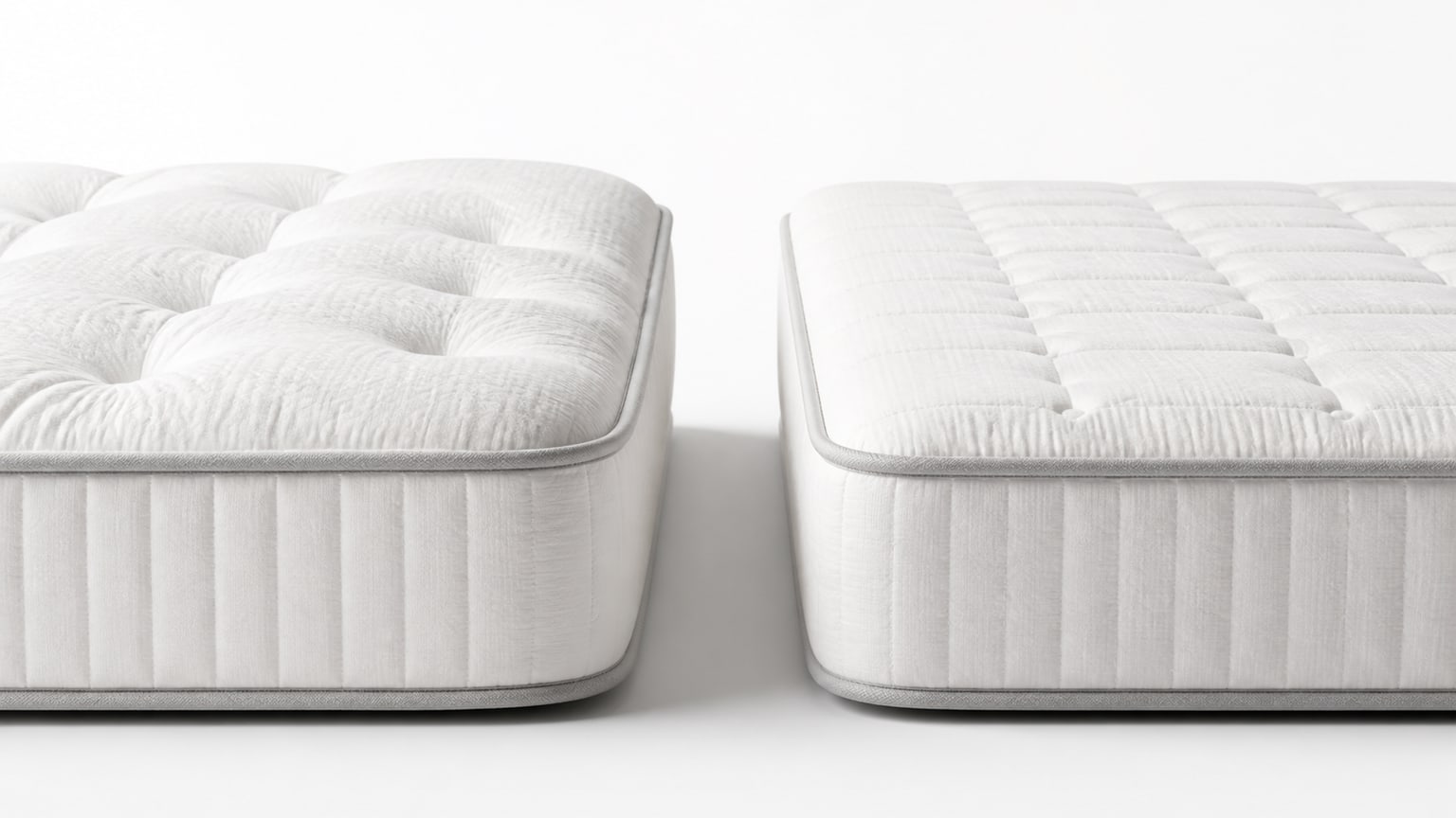 Cutaway view of plush versus medium mattress layers highlighting comfort and support construction on white background
