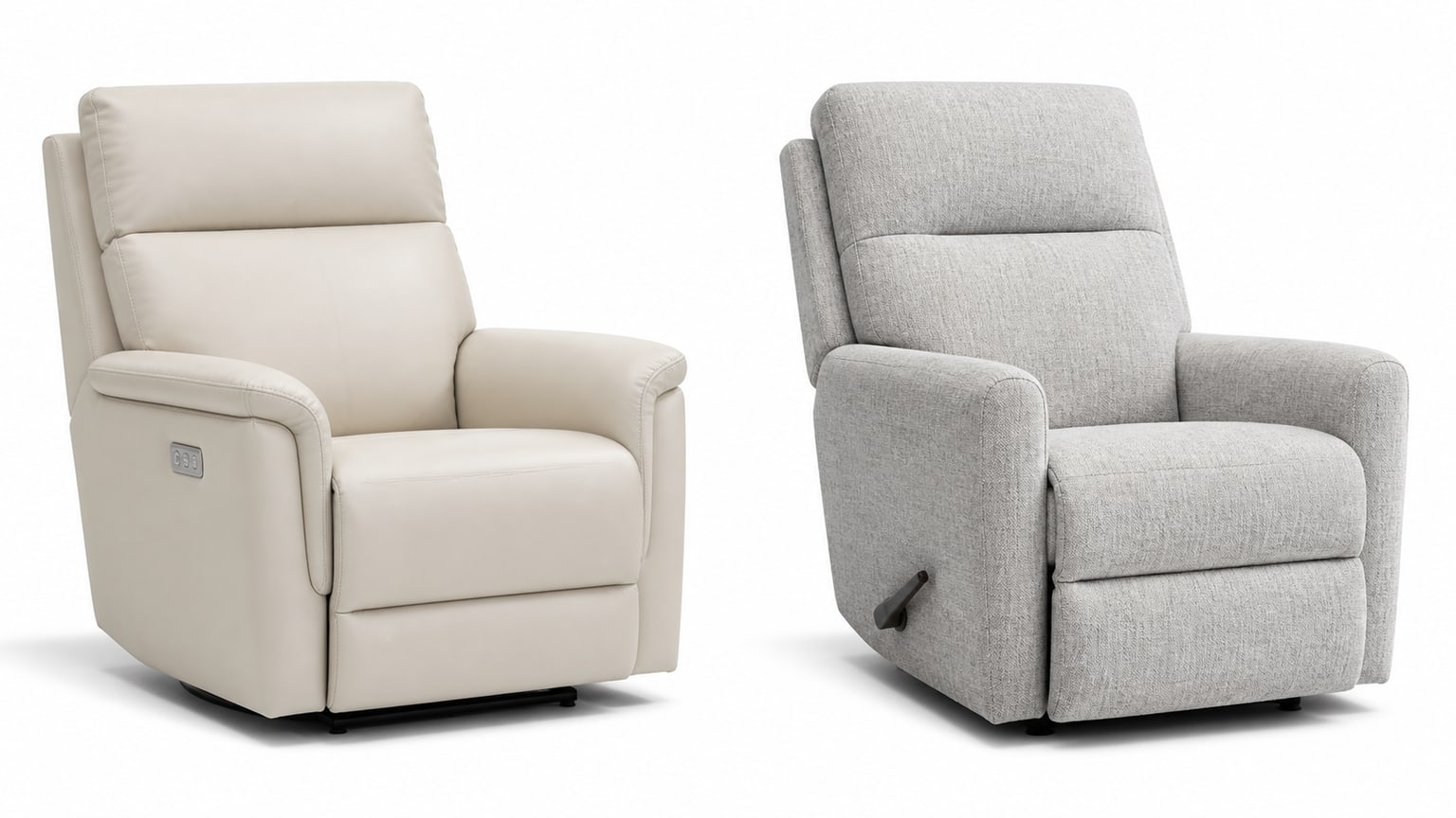 Side-by-side view of a power recliner and a manual recliner on white background