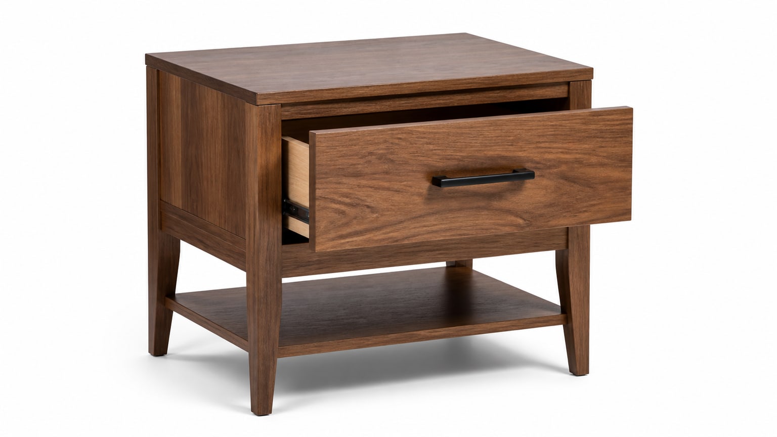 Modern wooden nightstand on white background