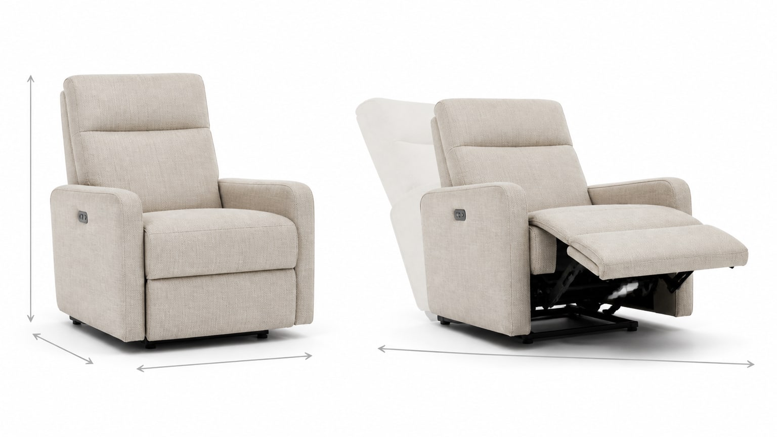 Modern recliner chair shown upright and partially reclined on a white studio background