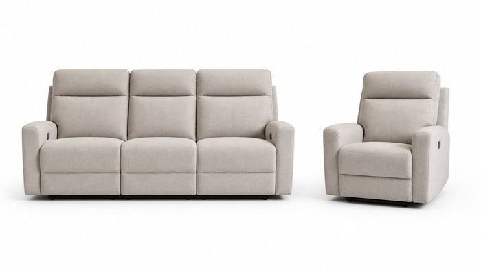Reclining sofa and individual recliner chair displayed side by side on white background