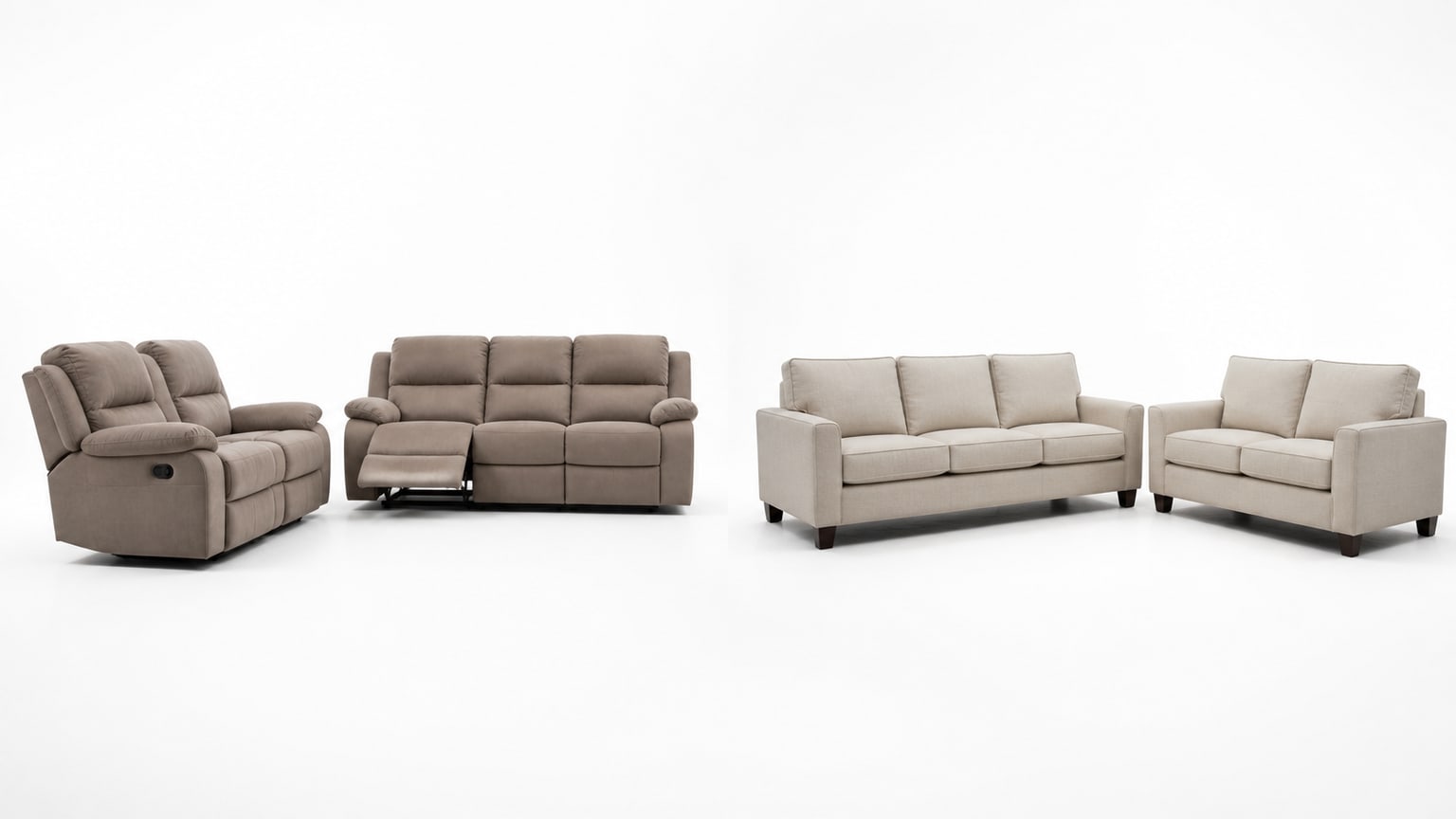 Coordinated reclining living room set including sofa, loveseat and reclining chairs, styled with coffee table and area rug on white background.