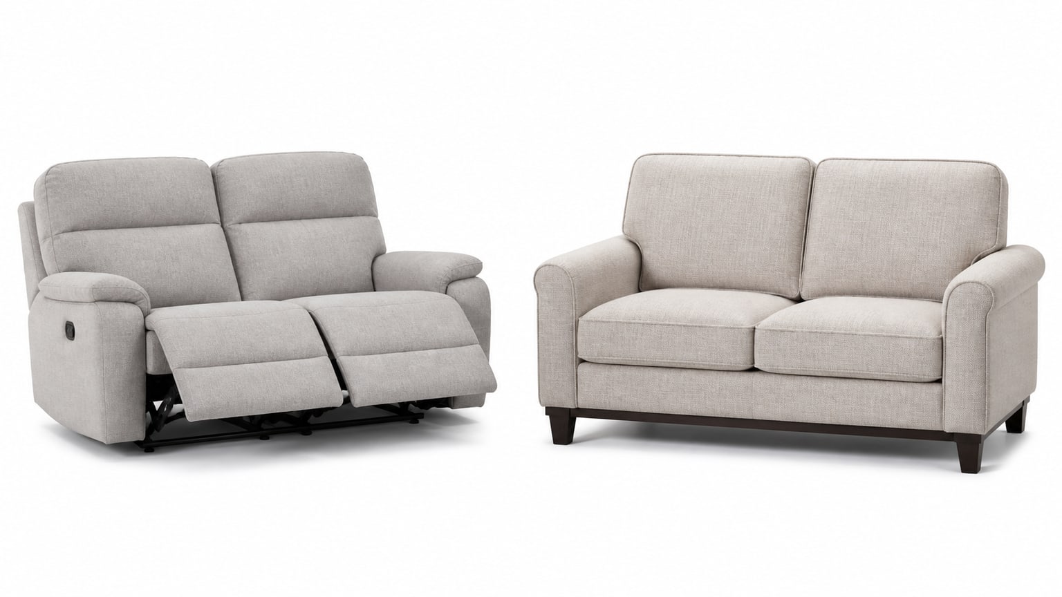 Reclining loveseat and standard stationary loveseat displayed side by side on white background for furniture comparison